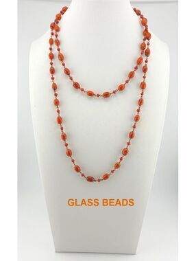 Vintage Long 39" Orange Glass Bead Necklace with Metal Links